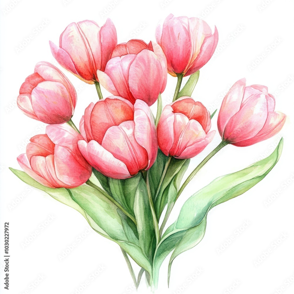 Obraz premium Watercolor Spring Tulip Bouquet Greeting Card for Wedding and Birthday Celebration