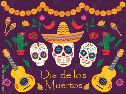 Marigold flowers and sugar skull on day of dead, vector banner. Dia de Los Muertos holiday fiesta background with Mexican calavera skulls and floral ornament for greeting card