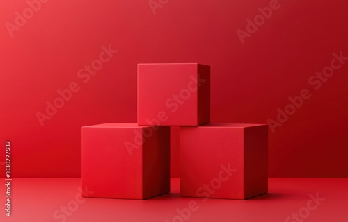 Red background with three cubes stacked in a geometric arrangement on a vibrant surface