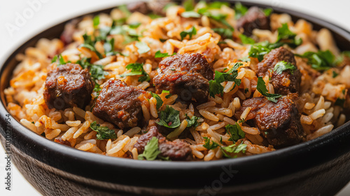 Indian biryani, spiced rice with meat, isolated on white background, traditional Indian dish