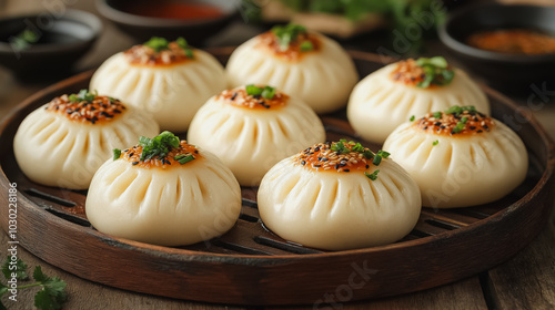 Chinese baozi, steamed buns with filling, isolated on white background, traditional Chinese dish