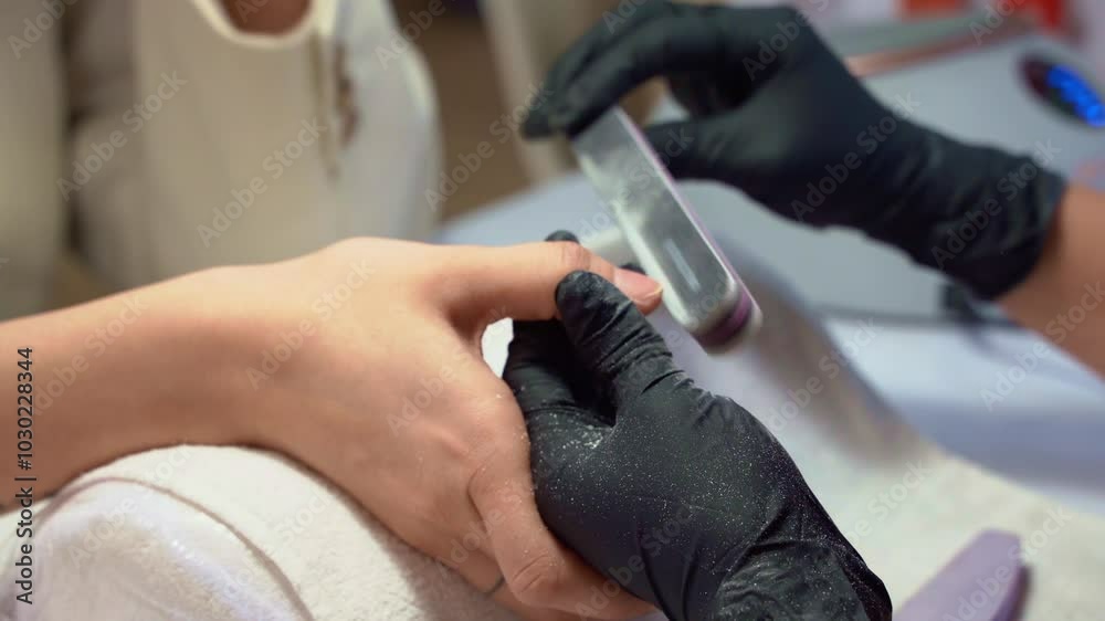Anonymous woman stylist using file to shape nails of female customer Anonymous woman stylist using file to shape nails of female customer