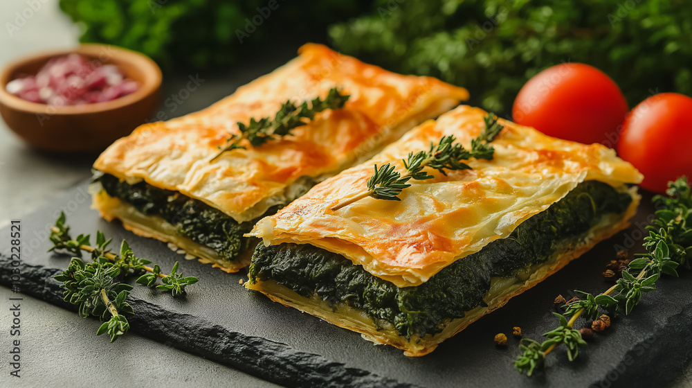 Greek spanakopita, spinach and feta pie, isolated on white background, traditional Greek dish, simple and clean presentation Greek spanakopita, spinach and feta pie, isolated on white background, traditional Greek dish, simple and clean presentation