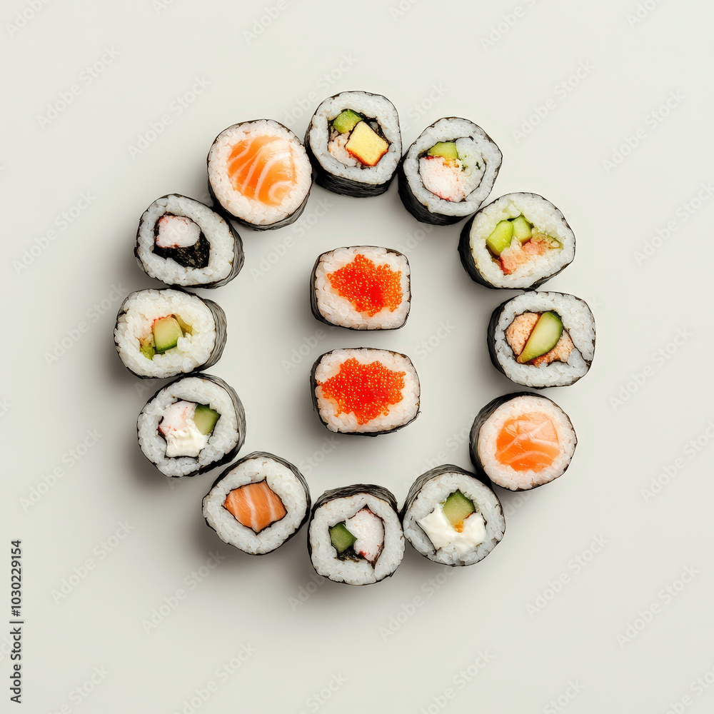 Vibrant sushi rolls arrangement in circular display Vibrant sushi rolls arrangement in circular display