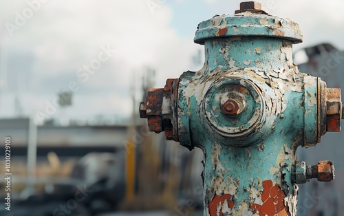 A close-up of a weathered fire hydrant, showcasing its rusted paint and industrial surroundings.