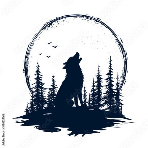 silhouette of wolf howling to the moon isolated vector illustration