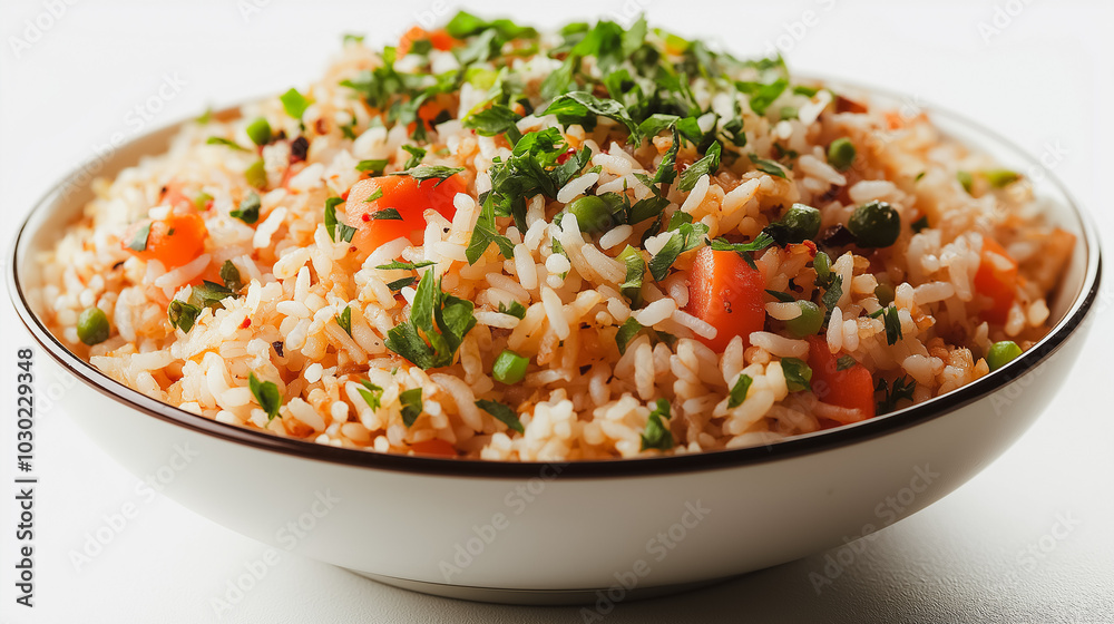 Chinese fried rice, stir-fried rice with vegetables, isolated on white background, traditional Chinese dish, simple and clean presentation Chinese fried rice, stir-fried rice with vegetables, isolated on white background, traditional Chinese dish, simple and clean presentation