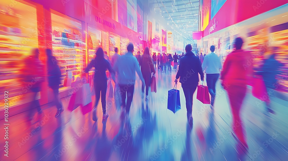 A vibrant illustration of dynamic shoppers rushing through a crowded store, grabbing discounted items from overflowing shelves, shopping bags in hand, blurred motion effects highlighting the frenzy, A vibrant illustration of dynamic shoppers rushing through a crowded store, grabbing discounted items from overflowing shelves, shopping bags in hand, blurred motion effects highlighting the frenzy,