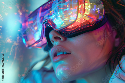 Fashion model person wearing futuristic shiny glamorous VR goggles watching cyberpunk video, Generative AI