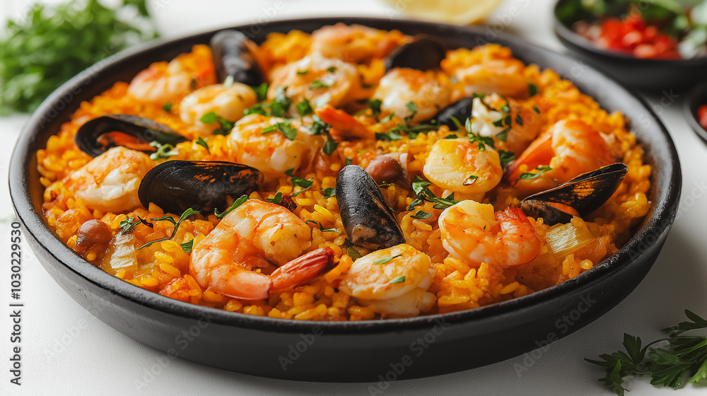 Spanish paella, saffron rice with seafood, isolated on white background, traditional Spanish dish, simple and clean presentation Spanish paella, saffron rice with seafood, isolated on white background, traditional Spanish dish, simple and clean presentation