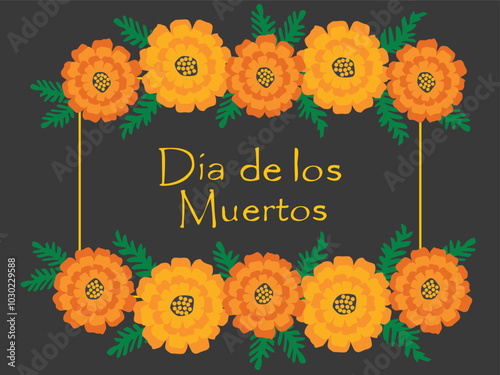 Marigold flowers on day of dead, vector banner. Dia de Los Muertos holiday fiesta background with floral ornament for greeting card