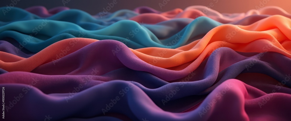 Fototapeta premium Undulating layers of colorful fabric are arranged in a vibrant display, featuring rich hues of red, orange, purple, and blue. The flowing fabric creates a sense of depth and movement.