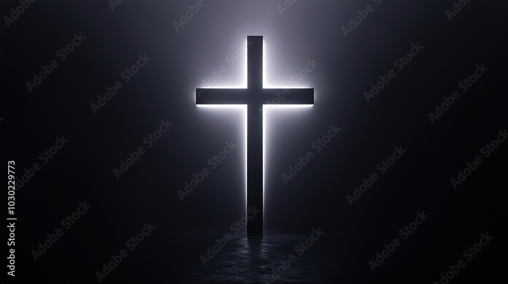 Glowing cross illuminated in a dark room, symbolizing faith, spirituality, and hope Glowing cross illuminated in a dark room, symbolizing faith, spirituality, and hope