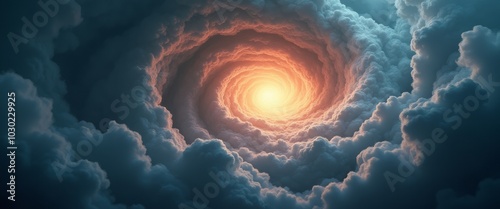 A swirling glowing vortex forms in a cloudy sky, with bright light at the center creating an otherworldly and dramatic scene. The image evokes a sense of mystery and cosmic power.
