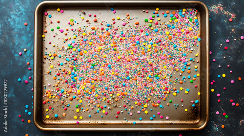 Rainbow sprinkles scattered on baking sheet, top view