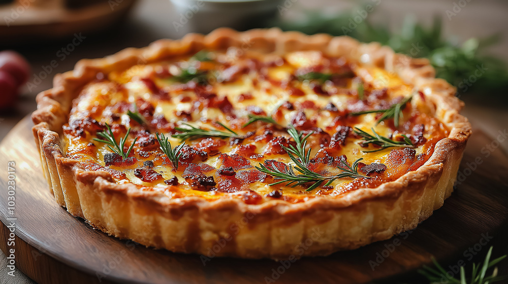 French quiche lorraine, savory pie with cheese and bacon, isolated on white background, traditional French dish, simple and elegant presentation French quiche lorraine, savory pie with cheese and bacon, isolated on white background, traditional French dish, simple and elegant presentation