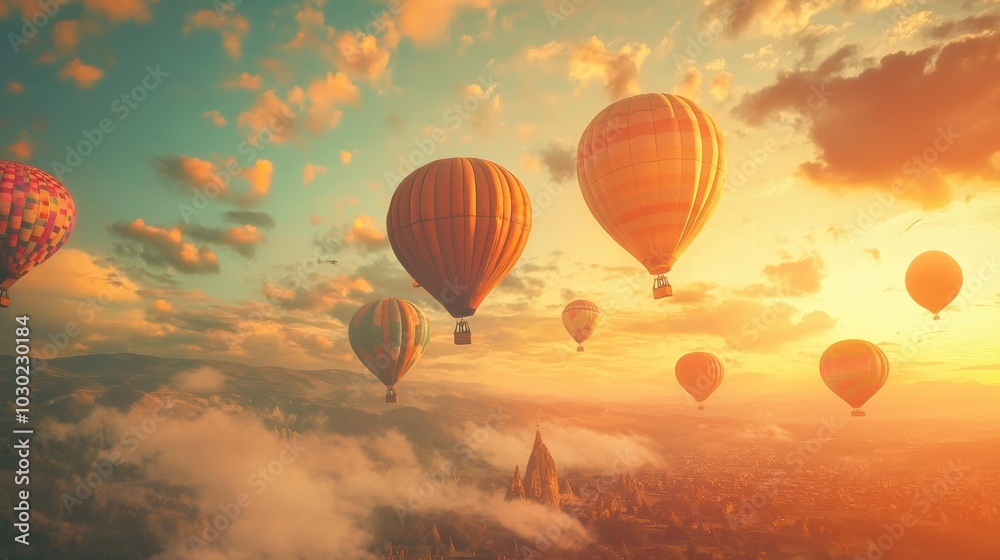 Fototapeta premium Hot air balloons fly over a misty valley at sunset.