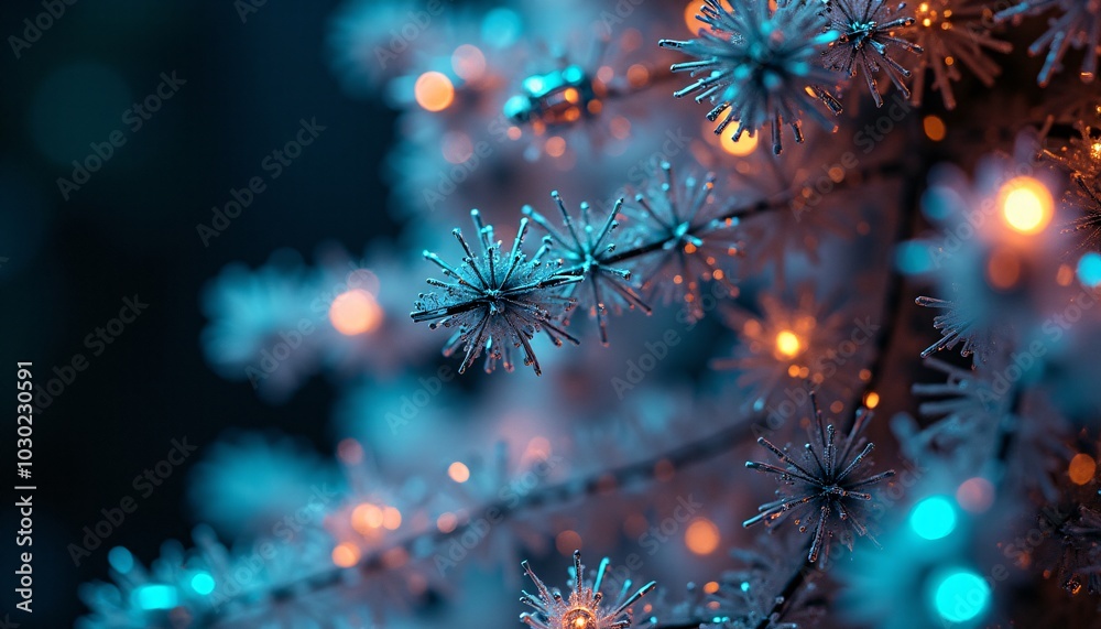 A close-up of a cybernetic Christmas tree, its branches composed of intricate circuitry and glowing LEDs A close-up of a cybernetic Christmas tree, its branches composed of intricate circuitry and glowing LEDs