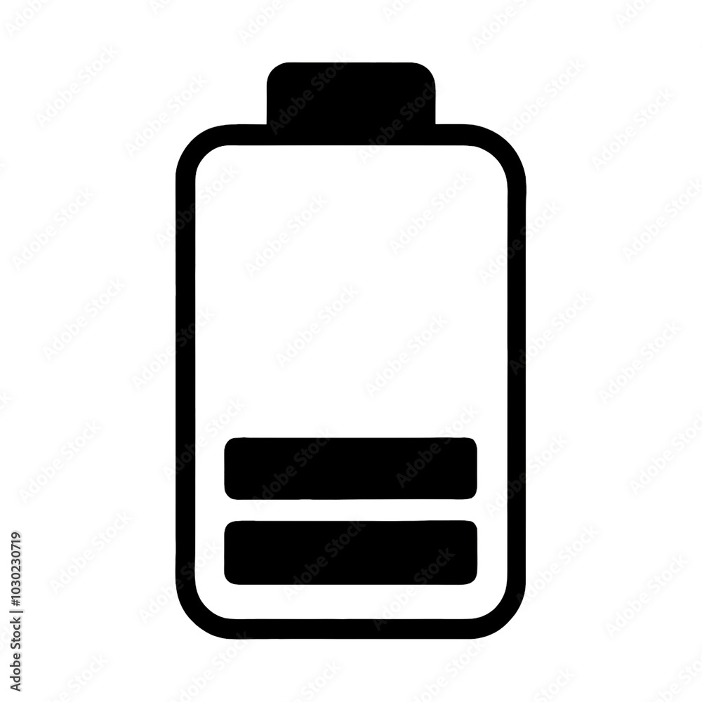 A vertical battery icon with two filled bars, indicating a medium level of charge, against on a transparent background. It suggests the battery is not full but has enough power remaining A vertical battery icon with two filled bars, indicating a medium level of charge, against on a transparent background. It suggests the battery is not full but has enough power remaining