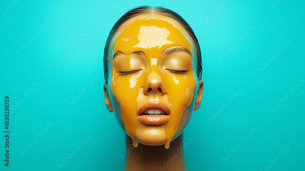Woman with face covered in honey, set against a blue background, symbolizing beauty, sweetness, and creativity Woman with face covered in honey, set against a blue background, symbolizing beauty, sweetness, and creativity