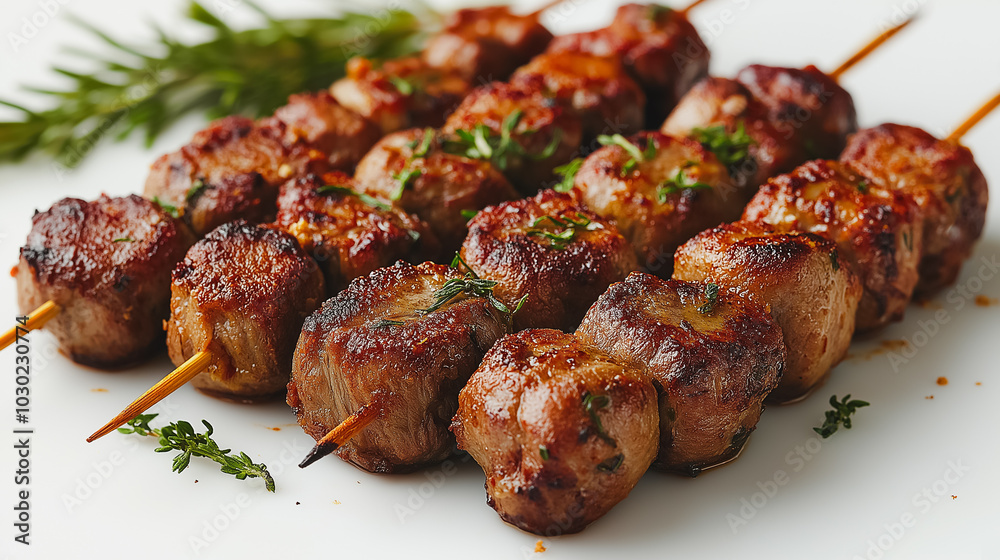 Turkish kebabs, grilled meat skewers, isolated on white background, traditional Turkish dish, simple and clean presentation