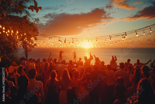 Cinematic photograph of people dancing at sunset on the terrace with a panoramic sea view. Wedding party or vacation concept