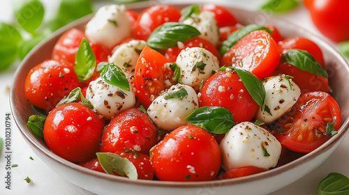 A bowl of red tomatoes and cheese with basil