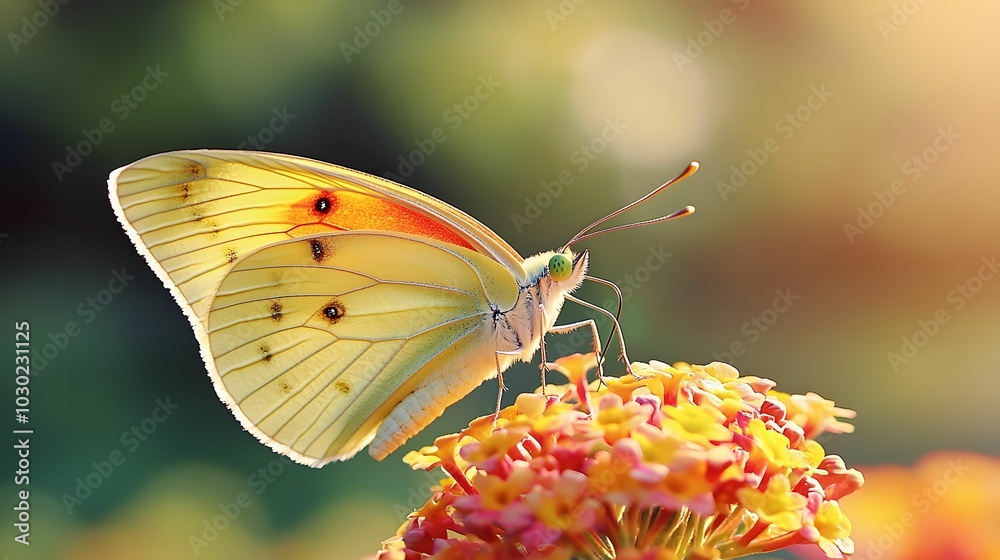 A vibrant yellow butterfly perched on a colorful flower, basking in soft sunlight, showcasing nature's beauty and delicate details. A vibrant yellow butterfly perched on a colorful flower, basking in soft sunlight, showcasing nature's beauty and delicate details.