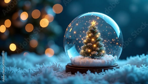 A close-up of a futuristic snow globe, containing a miniature quantum Christmas tree. The tree is illuminated by a mesmerizing light show