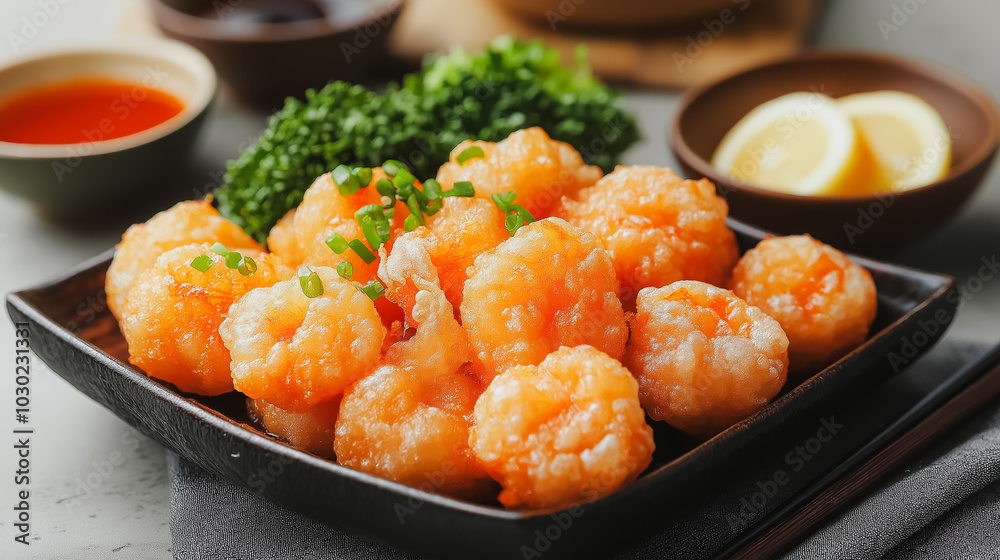 Japanese tempura, battered and fried seafood, isolated on white background, traditional Japanese dish, simple and clean presentation Japanese tempura, battered and fried seafood, isolated on white background, traditional Japanese dish, simple and clean presentation