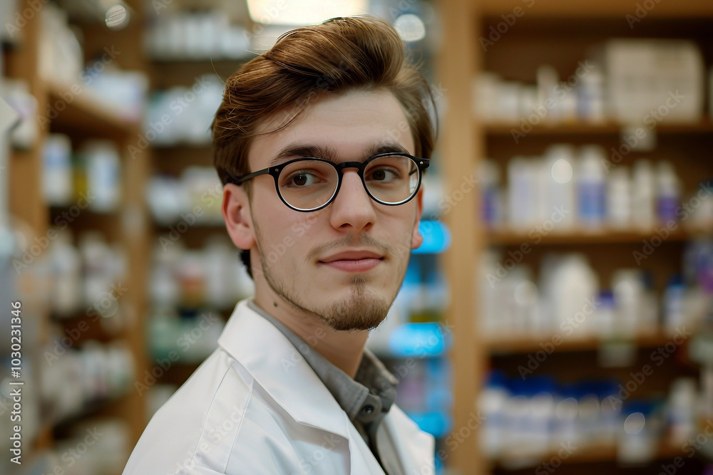 Portrait of pharmacist in a pharmacy drugstore with shelves health care product generative AI Portrait of pharmacist in a pharmacy drugstore with shelves health care product generative AI