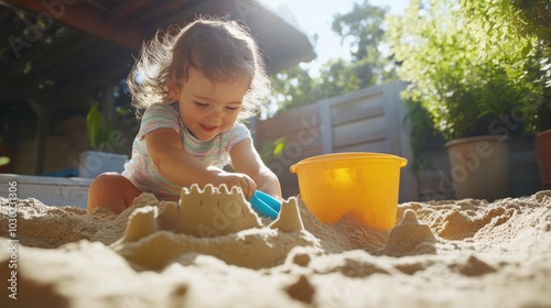 Girl building a sandcastle in her backyard.