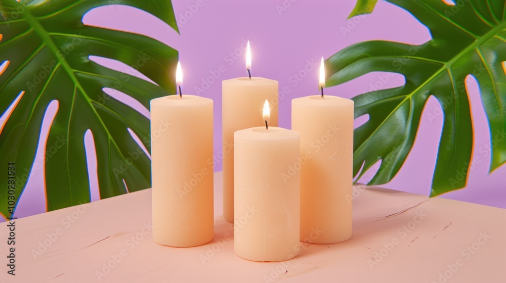 Four Burning Candles on a Pink Surface with Monstera Leaf Shadows Four Burning Candles on a Pink Surface with Monstera Leaf Shadows