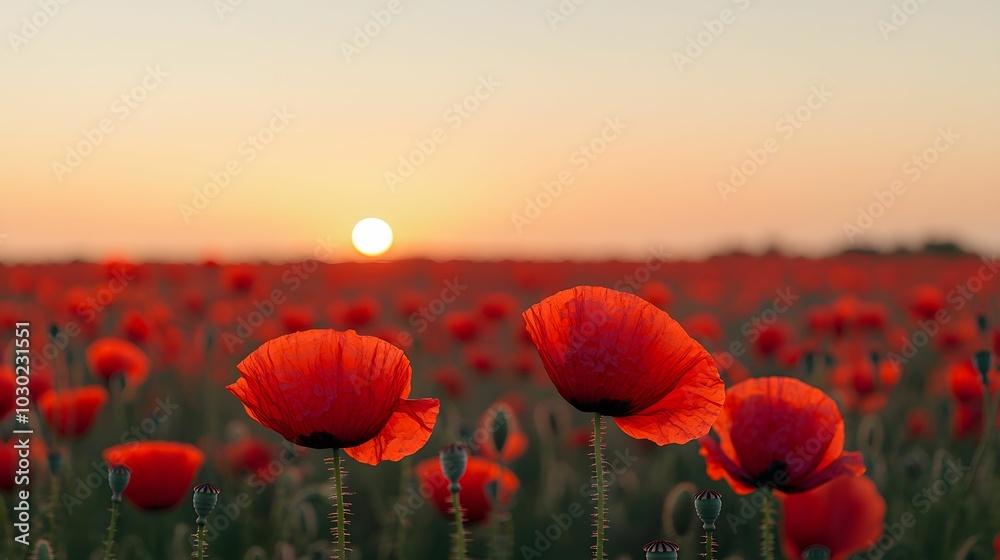 Fototapeta premium A vibrant field of red poppies under a serene sunset, creating a picturesque landscape filled with natural beauty.
