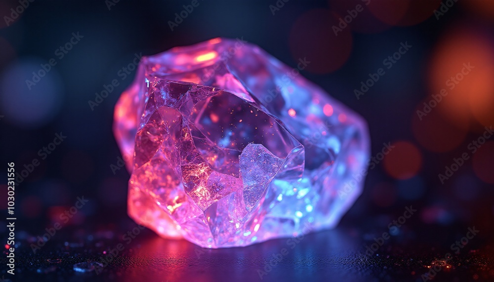 A close-up of a single, faceted crystal, emitting a bright and colorful glow. The crystal is made of a futuristic