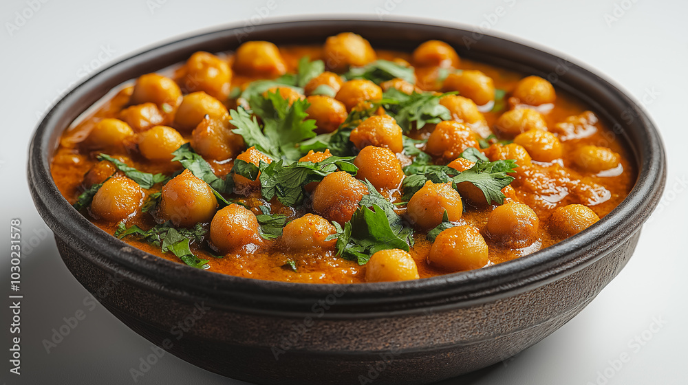 A bowl of food with chickpeas and parsley A bowl of food with chickpeas and parsley