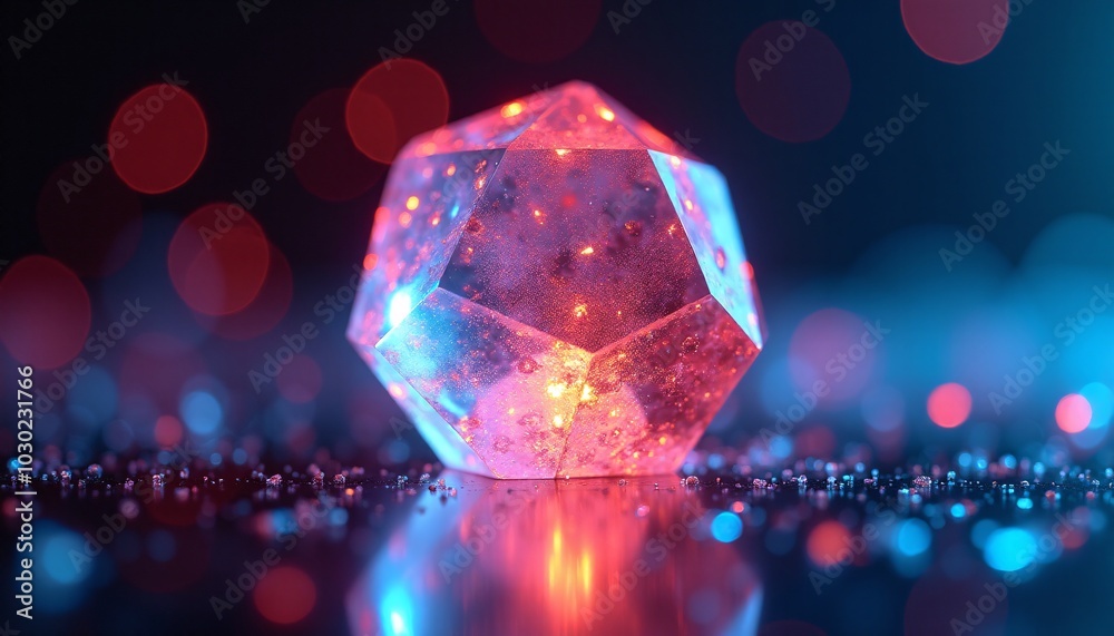 A close-up of a single, faceted crystal, emitting a bright and colorful glow. The crystal is made of a futuristic A close-up of a single, faceted crystal, emitting a bright and colorful glow. The crystal is made of a futuristic