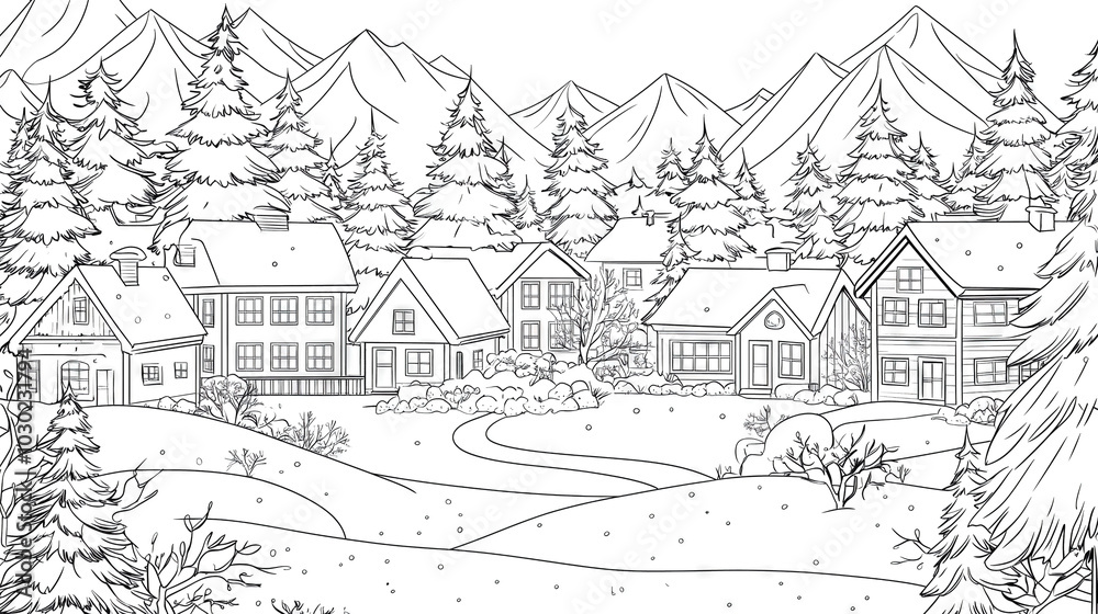 Snowy mountain village landscape with fir trees