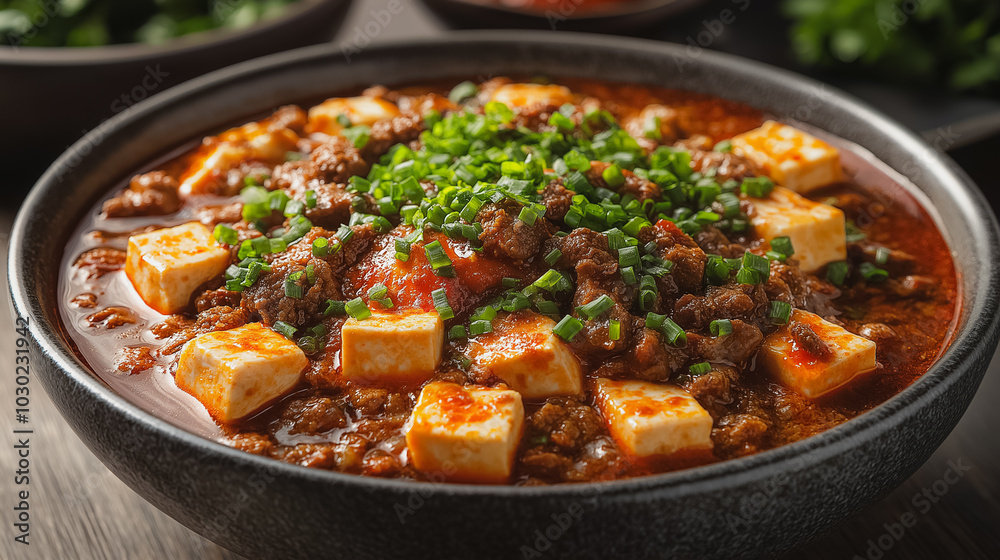 Chinese mapo tofu, spicy tofu with meat, isolated on white background, traditional Chinese dish Chinese mapo tofu, spicy tofu with meat, isolated on white background, traditional Chinese dish