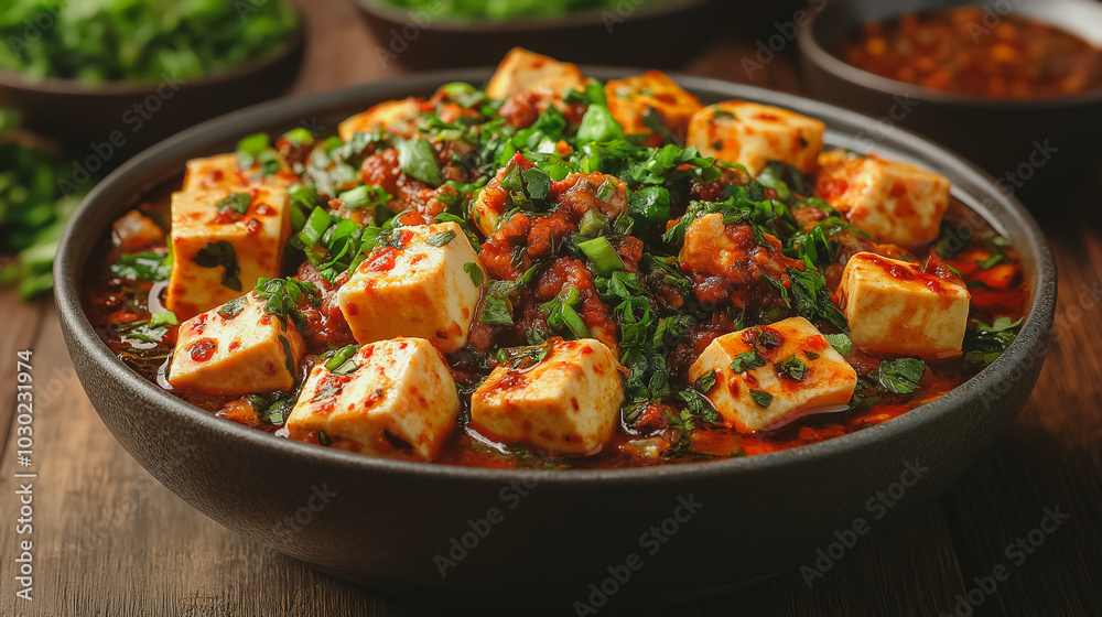 Chinese mapo tofu, spicy tofu with meat, isolated on white background, traditional Chinese dish Chinese mapo tofu, spicy tofu with meat, isolated on white background, traditional Chinese dish