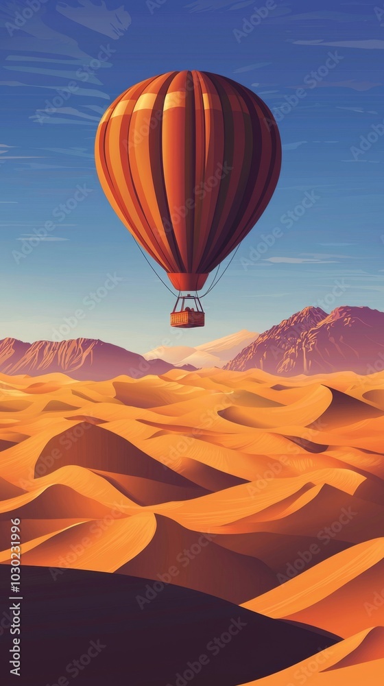 A Hot Air Balloon Floating Over the Vast Desert Landscape with Majestic Mountains in the Distance A Hot Air Balloon Floating Over the Vast Desert Landscape with Majestic Mountains in the Distance