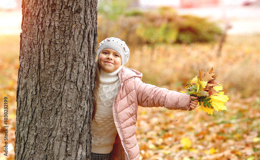 Cute Caucasian girl walks in the autumn park. Vacations. Autumn concept Cute Caucasian girl walks in the autumn park. Vacations. Autumn concept