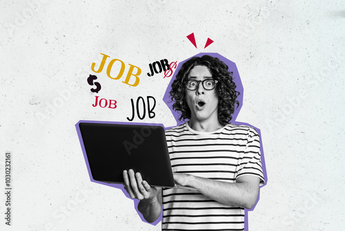 Creative photo collage picture young man laptop browsing job vacancy employment work search shocked reaction drawing background