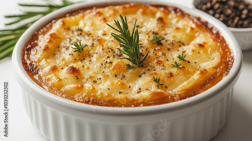 French onion soup, savory broth with melted cheese, isolated on white background, traditional French dish, simple and clean presentation