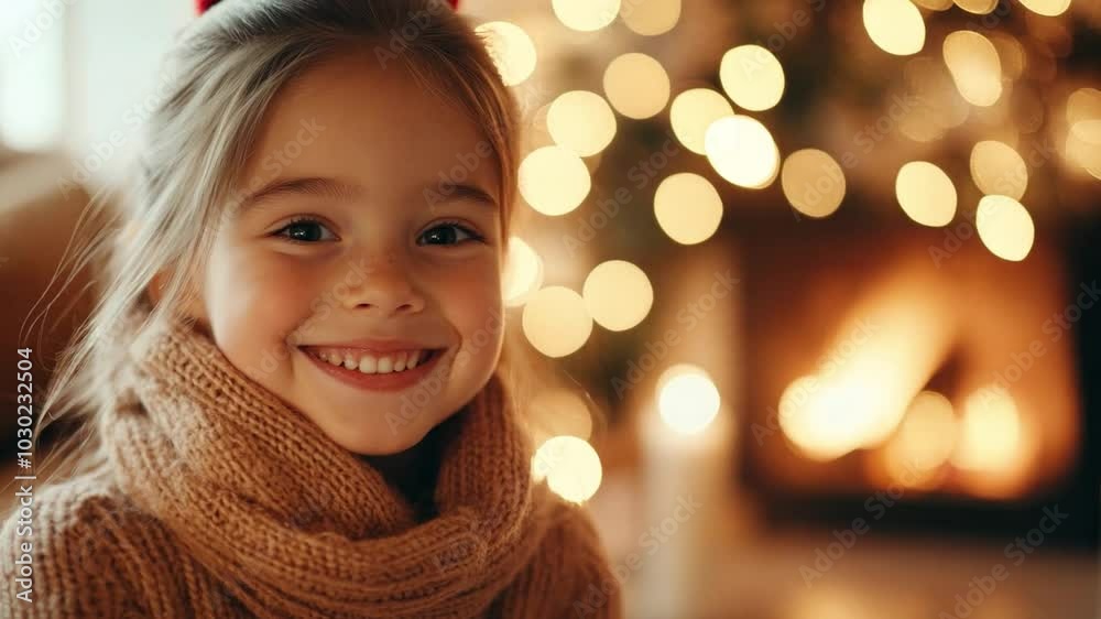 A joyful Christmas portrait of a young girl sitting by the warm fireplace, smiling amidst twinkling holiday lights A joyful Christmas portrait of a young girl sitting by the warm fireplace, smiling amidst twinkling holiday lights