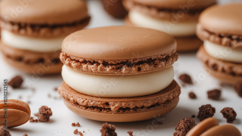 French macaron, delicate almond cookie with filling, isolated on white background, traditional French dessert, simple and elegant presentation