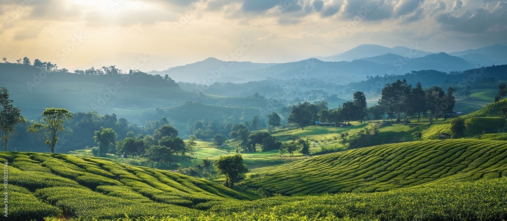 Beautiful green tea plantation with rolling hills and blue sky in the background.