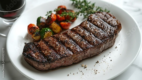 An overhead view of a perfectly cooked steak with grill marks, served on a white plate with a side of roasted vegetables and a glass of merlot 