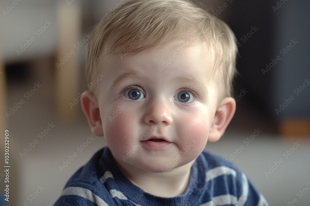 Charming toddler gazing curiously at the camera in a cozy indoor setting Charming toddler gazing curiously at the camera in a cozy indoor setting