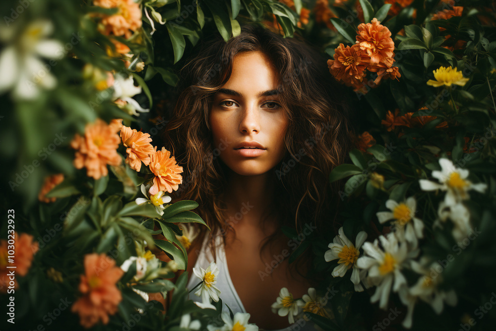 Portrait of a happy female at her garden in the morning generative AI Portrait of a happy female at her garden in the morning generative AI